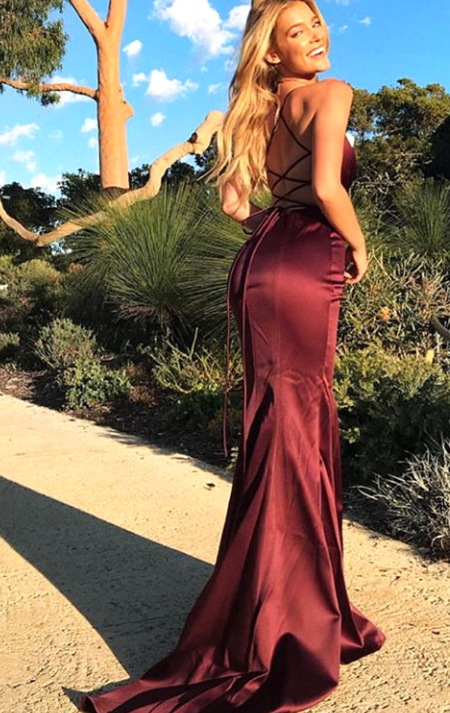 MACloth Halter Mermaid Satin Long Prom Dress Burgundy / Dark Green Formal Evening Gown