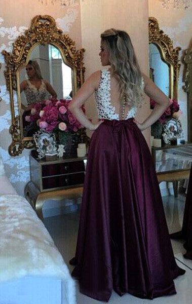 MACloth V Neck Lace Chiffon Long Prom Dress Plum Formal Evening Gown