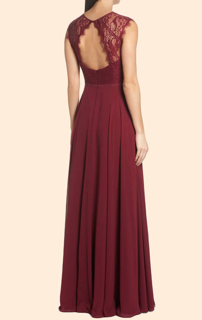 MACloth Cap Sleeves Lace Chiffon Long Prom Dress Burgundy Formal Evening Gown