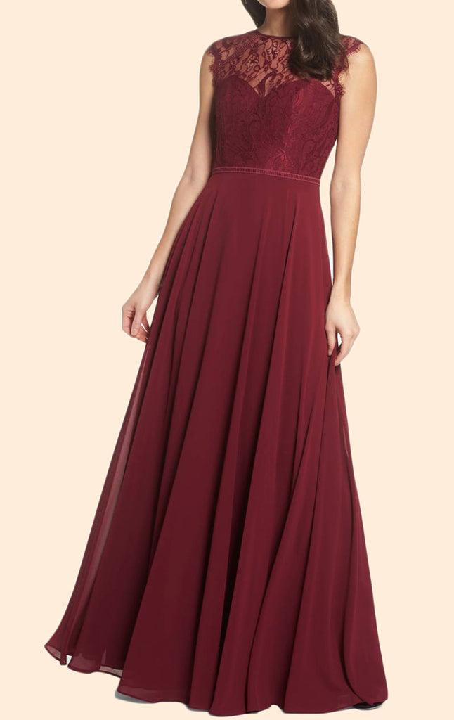 Vestido de fiesta largo de gasa con encaje y mangas cortas MACloth, vestido de noche formal color burdeos