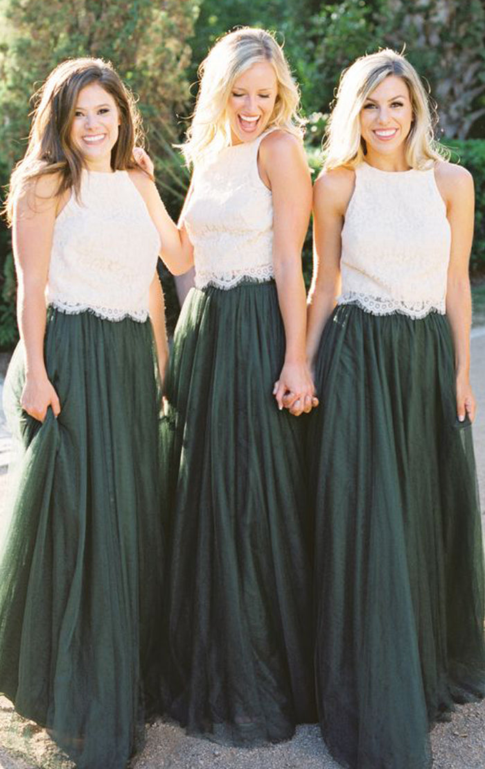 MACloth Two Piece Lace Tulle Simple Prom Dress Dark Green Long Bridesmaid Gown Custom Color / Above Knee / Custom Size