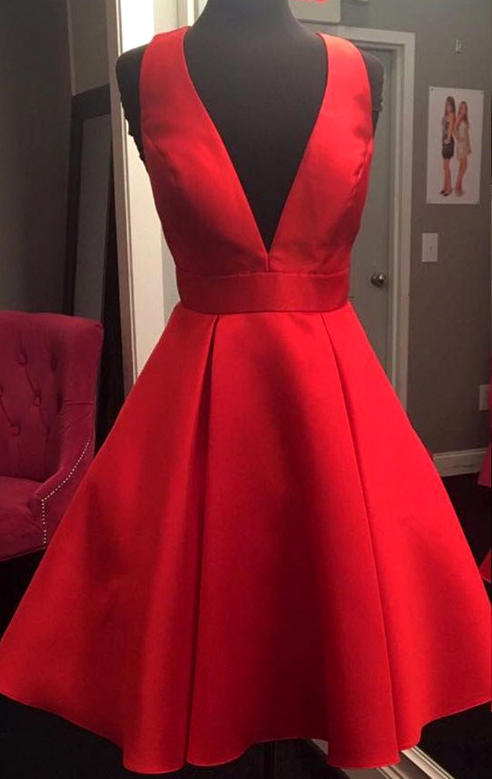 MACloth Deep V Neck Mini Prom Homecoming Dress Red Wedding Party Forma