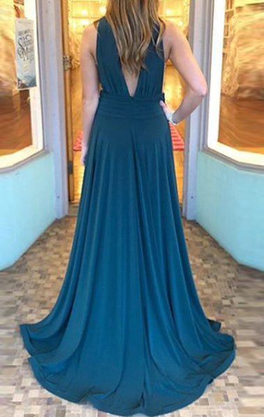 MACloth Halter Deep V Neck Jersey Teal Prom Dress Simple Formal Evening Gown