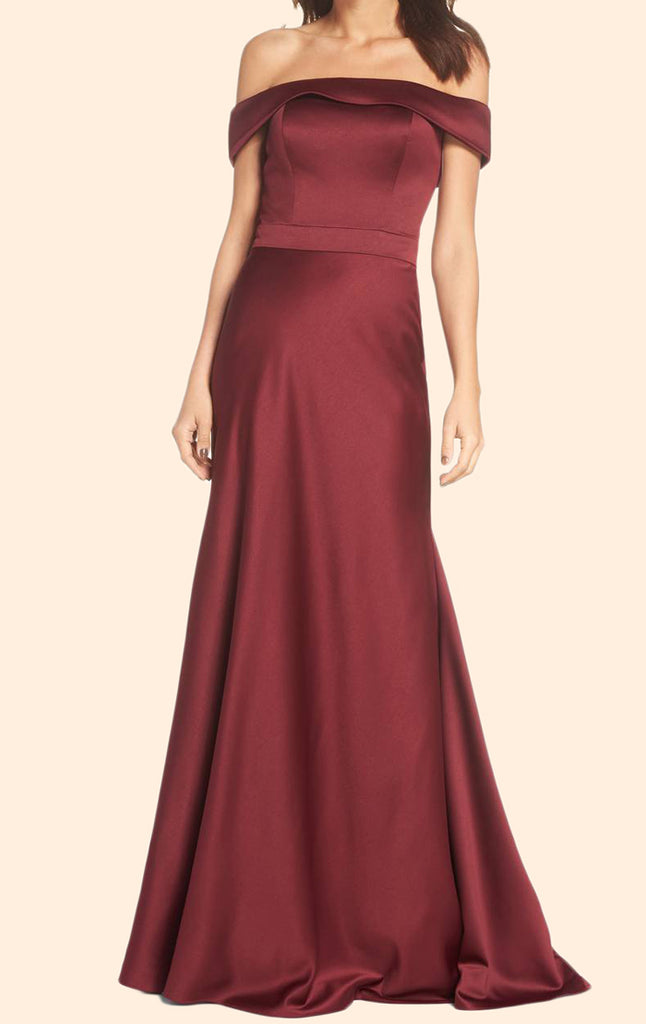 MACloth Etuikleid, schulterfrei, lang, Satin, Burgunderrot, formelles Abendkleid