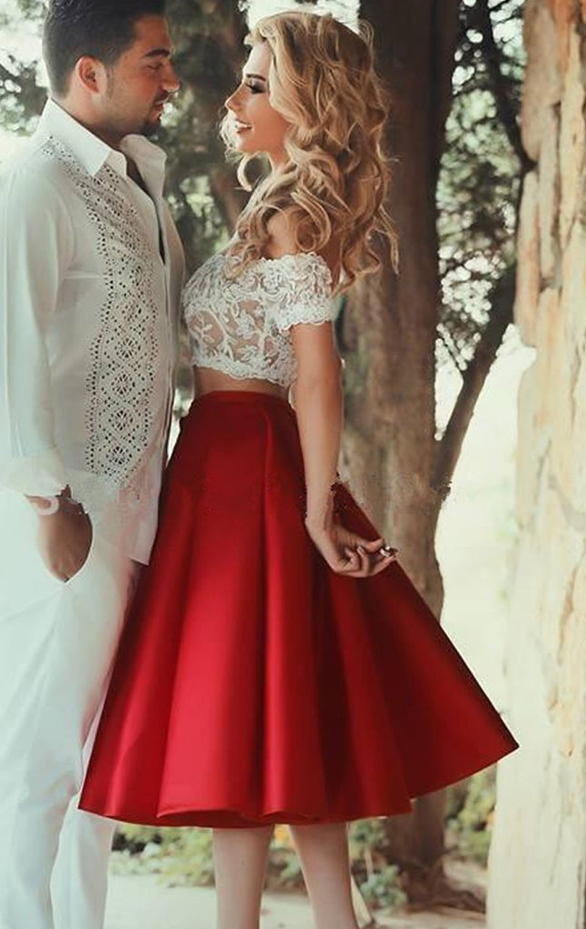 MACloth Zweiteiliges schulterfreies, kurzes Ballkleid mit roter Spitze und Satin für Hochzeiten