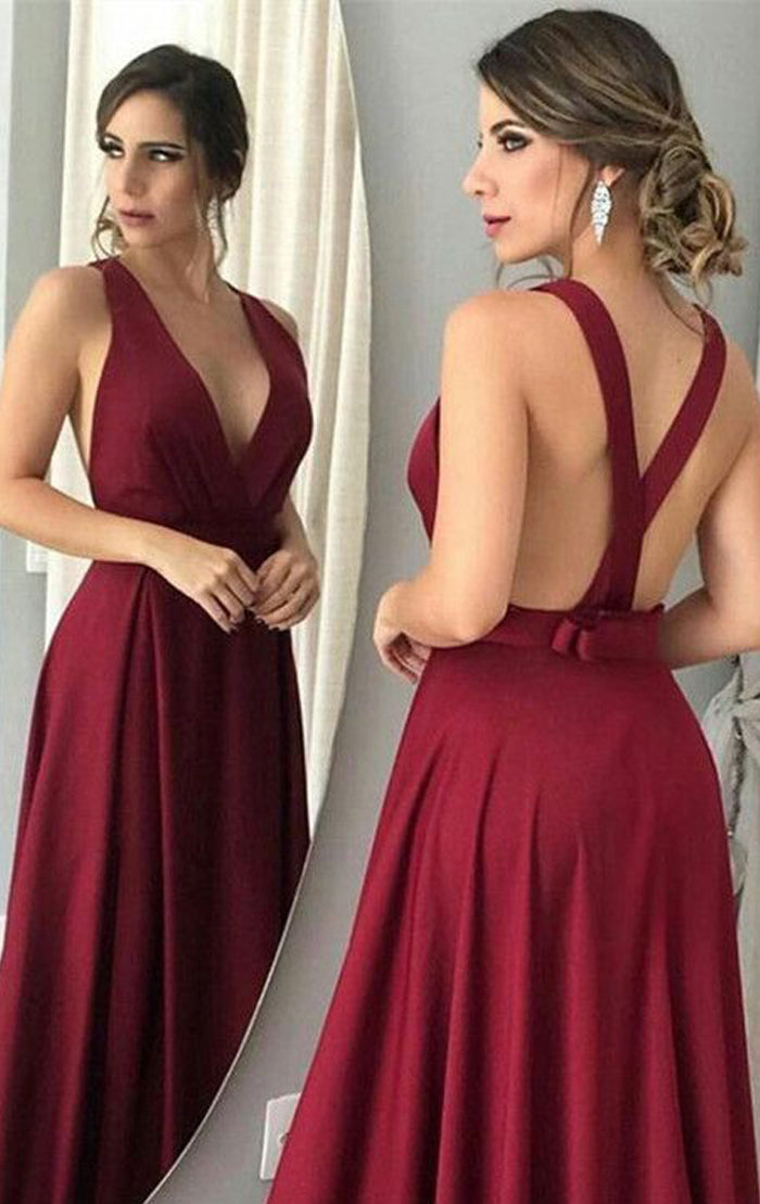 MACloth Deep V Neck Sexy Long Prom Dress Burgundy Chiffon Formal Evening  Gown 10806