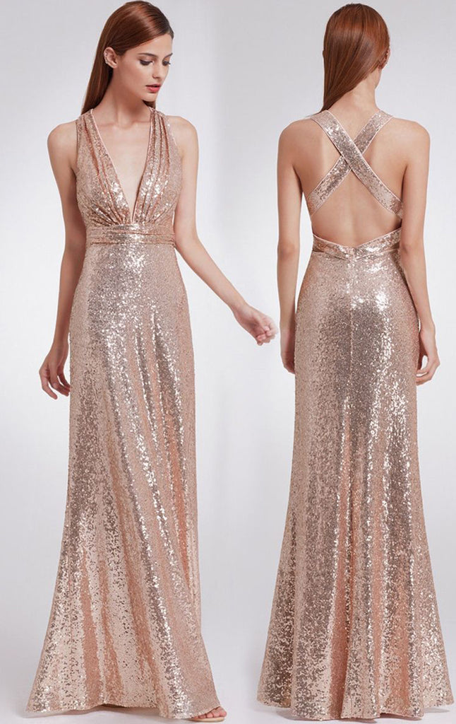 MACloth Halter Deep V Neck Sequin Long Bridesmaid Dress Gray/Rose Gold Formal Evening Gown