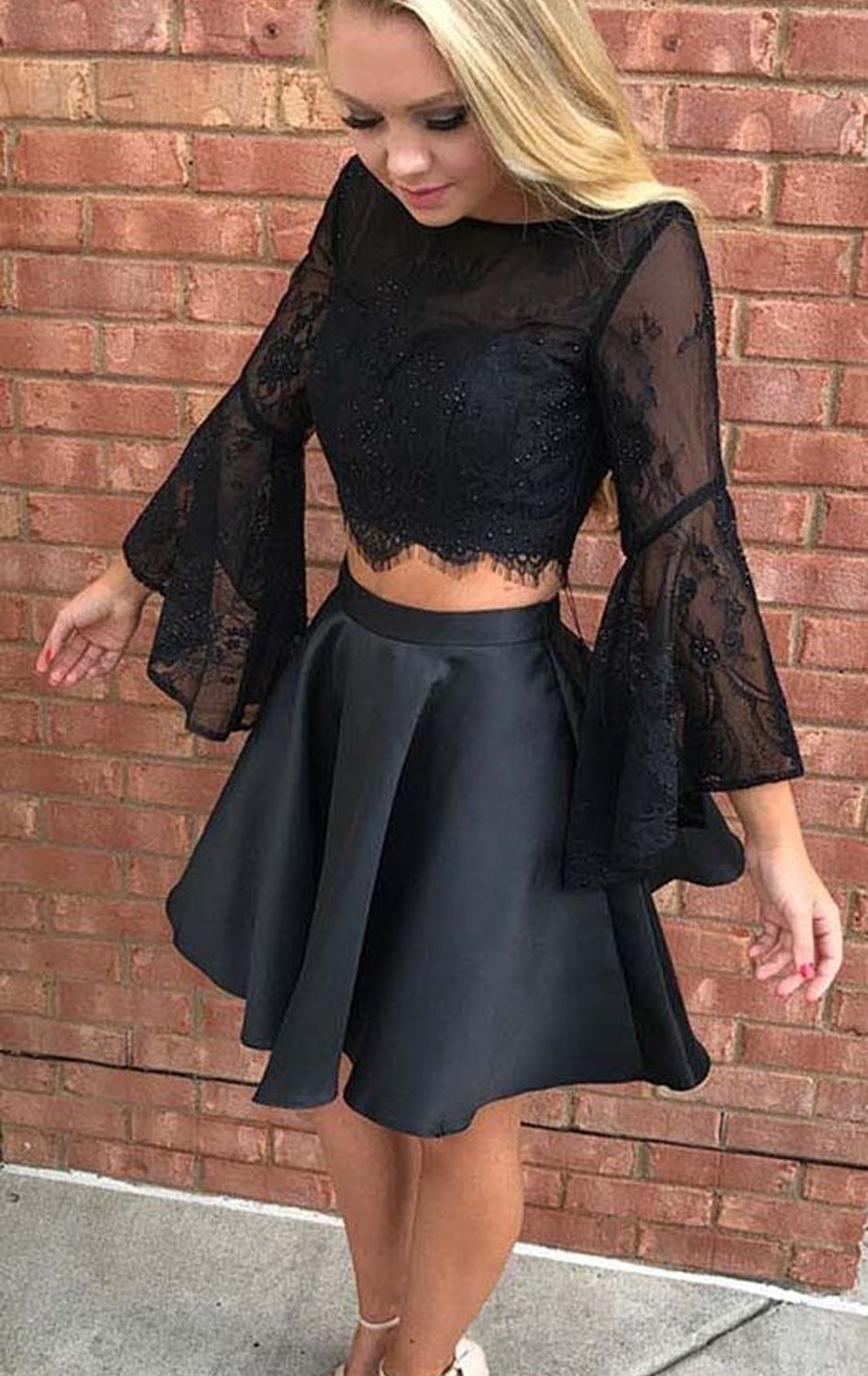 Two Piece Black Long Sleeve Lace Homecoming Dress Party Dress US14 / Custom Color Two Piece Black Long Sleeve Lace Homecoming Dress Party Dress US14 / Custom Color