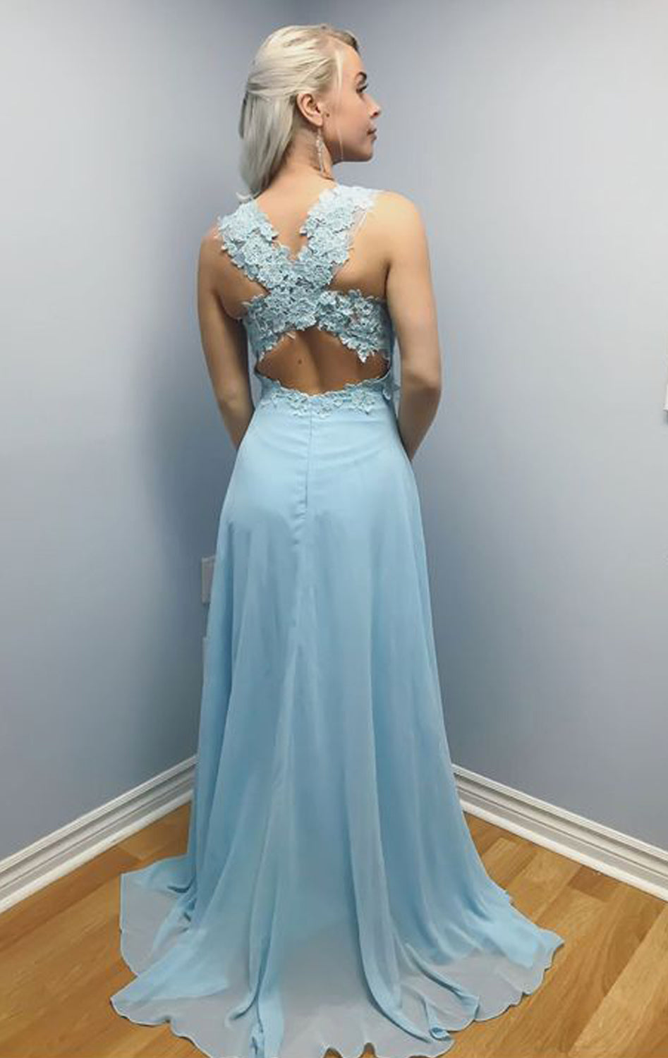 MACloth Straps O Neck Lace Chiffon Long Prom Dress Sky Blue Formal Evening Gown