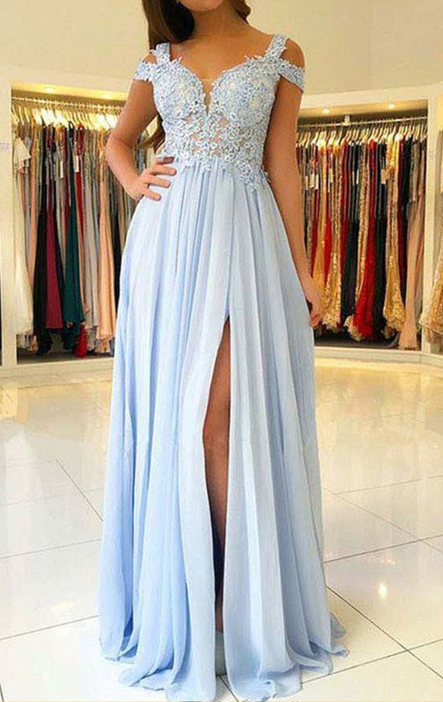 MACloth Schulterfreies, langes Ballkleid aus Spitzenchiffon, himmelblau, formelles Abendkleid