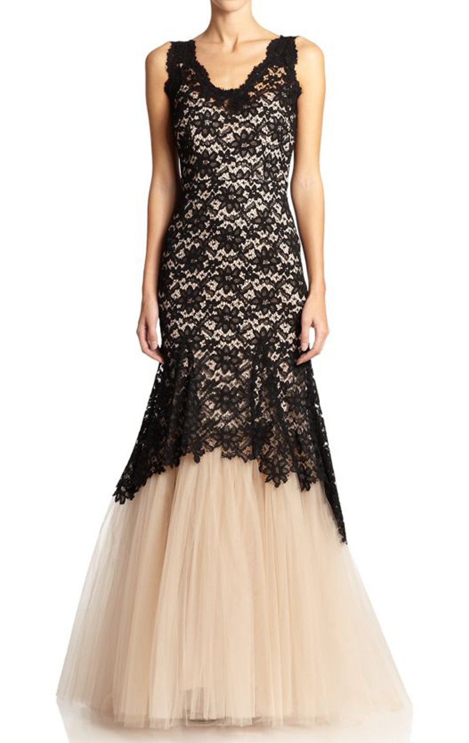 MACloth Mermaid Straps V Neck Lace Tulle Prom Dress Two Tone Formal Gown