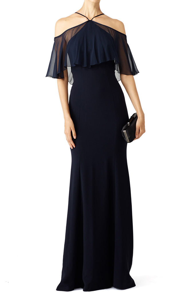 MACloth Off the Shoulder Ruffled chiffon Jersey Evening Gown Dark Navy Simple Prom Dress