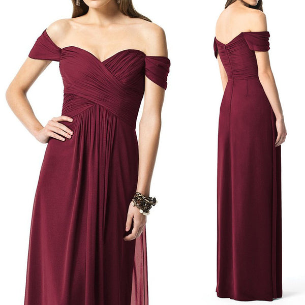 MACloth Off the Shoulder Chiffon Long Bridesmaid Dress Burgundy Simple Prom Gown