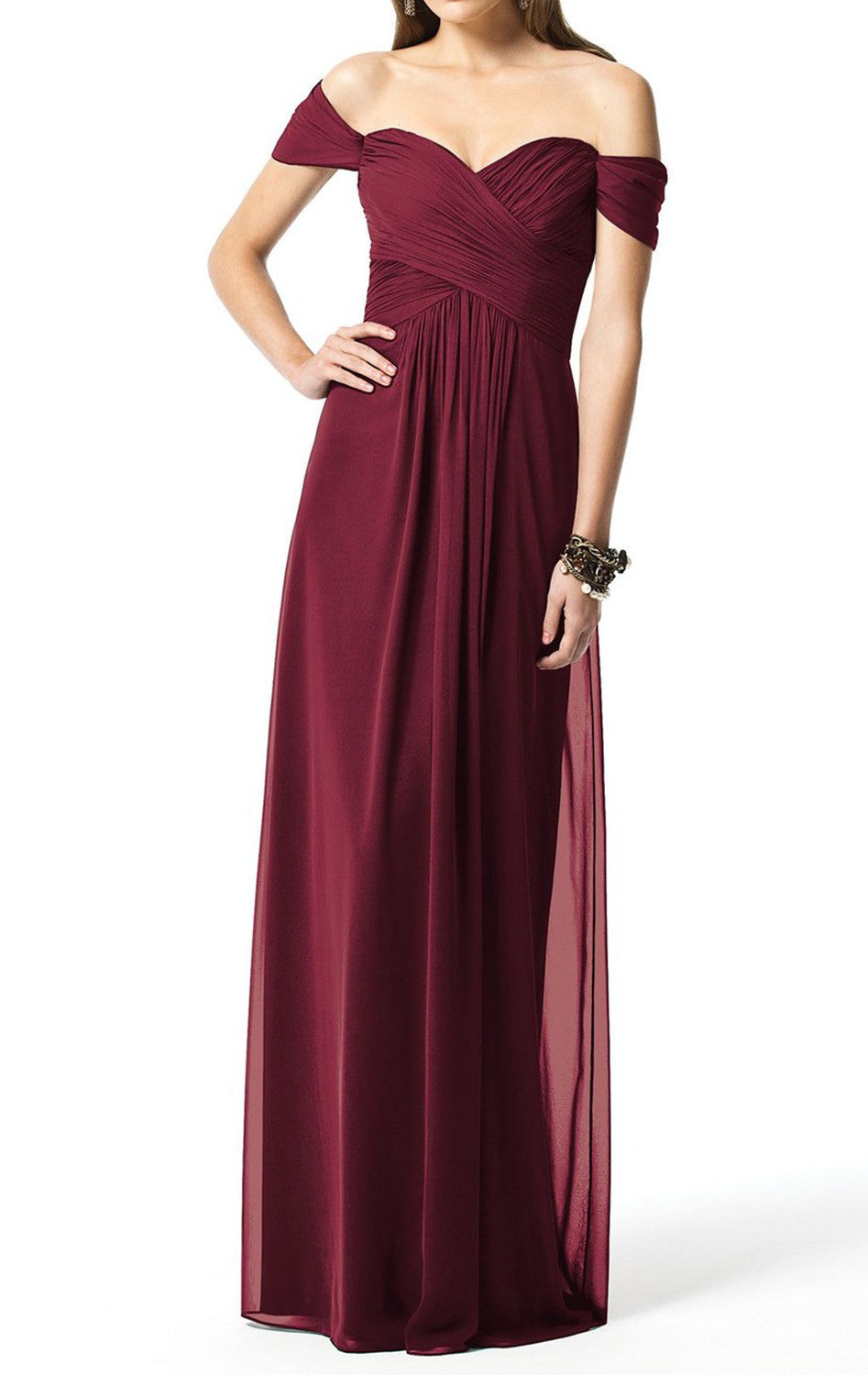 MACloth Off the Shoulder Chiffon Long Bridesmaid Dress Burgundy Simple Prom Gown Custom Color / Above Knee / Custom Size MACloth Off the Shoulder Chiffon Long Bridesmaid Dress Burgundy Simple Prom Gown Custom Color / Above Knee / Custom Size