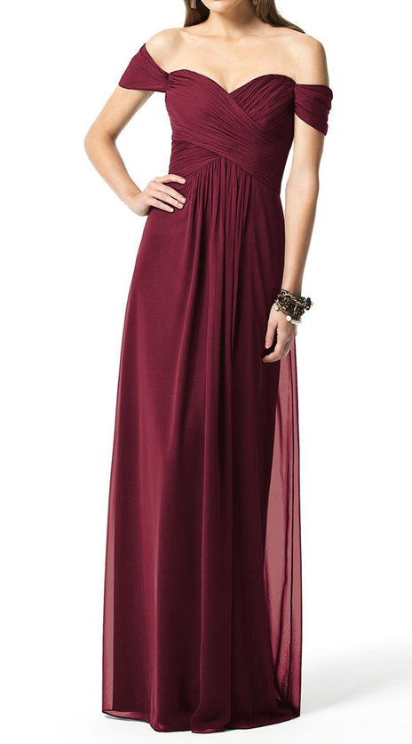 MACloth Off the Shoulder Chiffon Long Bridesmaid Dress Burgundy Simple Prom Gown