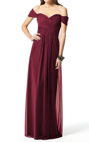 MACloth Off the Shoulder Chiffon Long Bridesmaid Dress Burgundy Simple Prom Gown