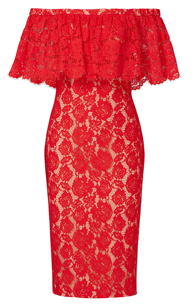 MACloth Off the Shoulder Lace Cocktail Dress Red Formal Evening Gown