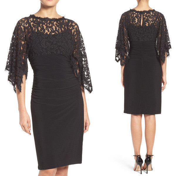 MACloth Half Sleeves Lace Jersey Cocktail Dress Black Formal Gown