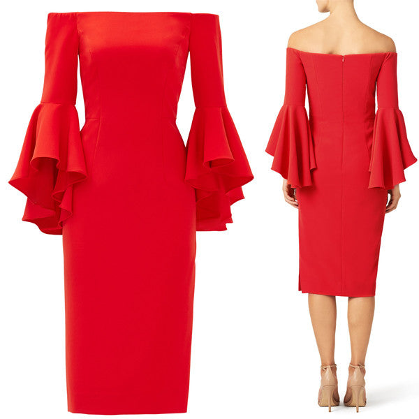 MACloth Off the Shoulder Midi Red Cocktail Dress Jersey Formal Gown