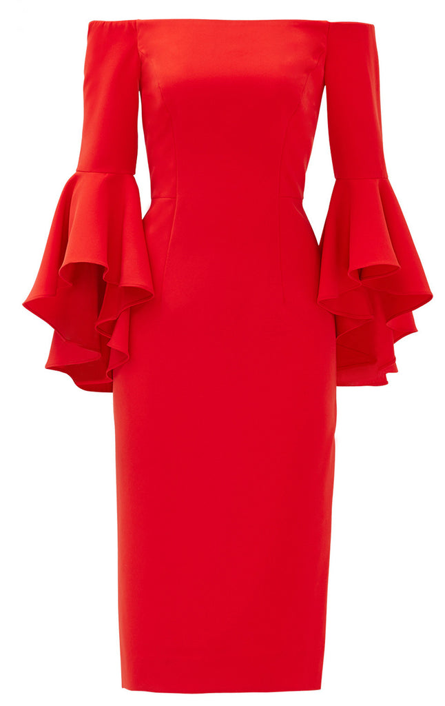 MACloth Schulterfreies Midi-Cocktailkleid in Rot, Jersey, formelles Kleid