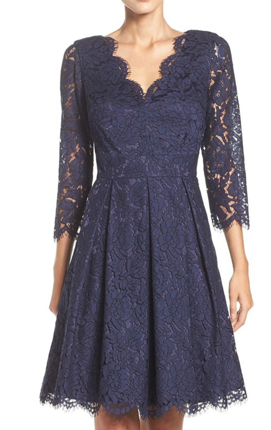 Macloth Half Sleeves V Neck Lace Dark Navy Cocktail Dress US4 / Dark Navy
