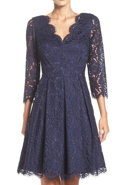 MACloth Half Sleeves V Neck Lace Dark Navy Cocktail Dress