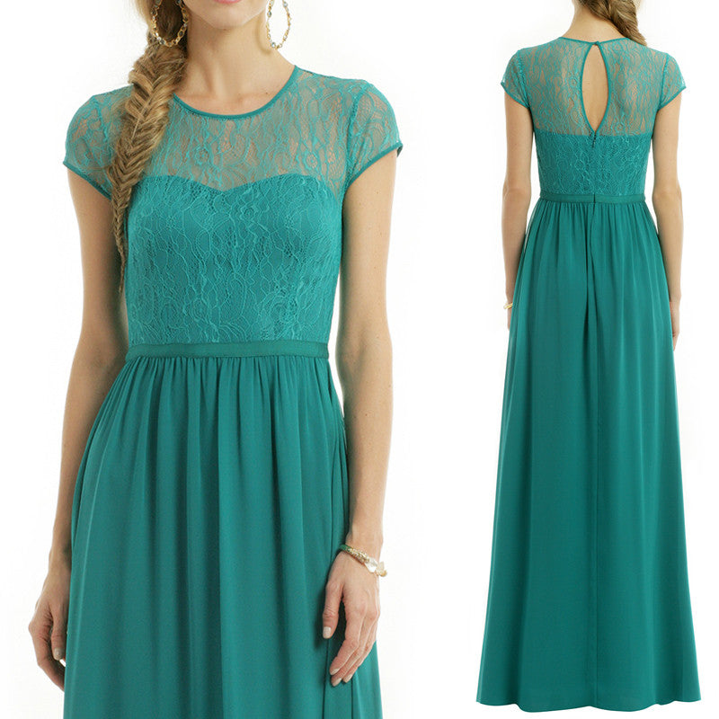MACloth Langes Abendkleid mit Flügelärmeln, Spitze, Chiffon, Türkis, Kleid für die Brautmutter