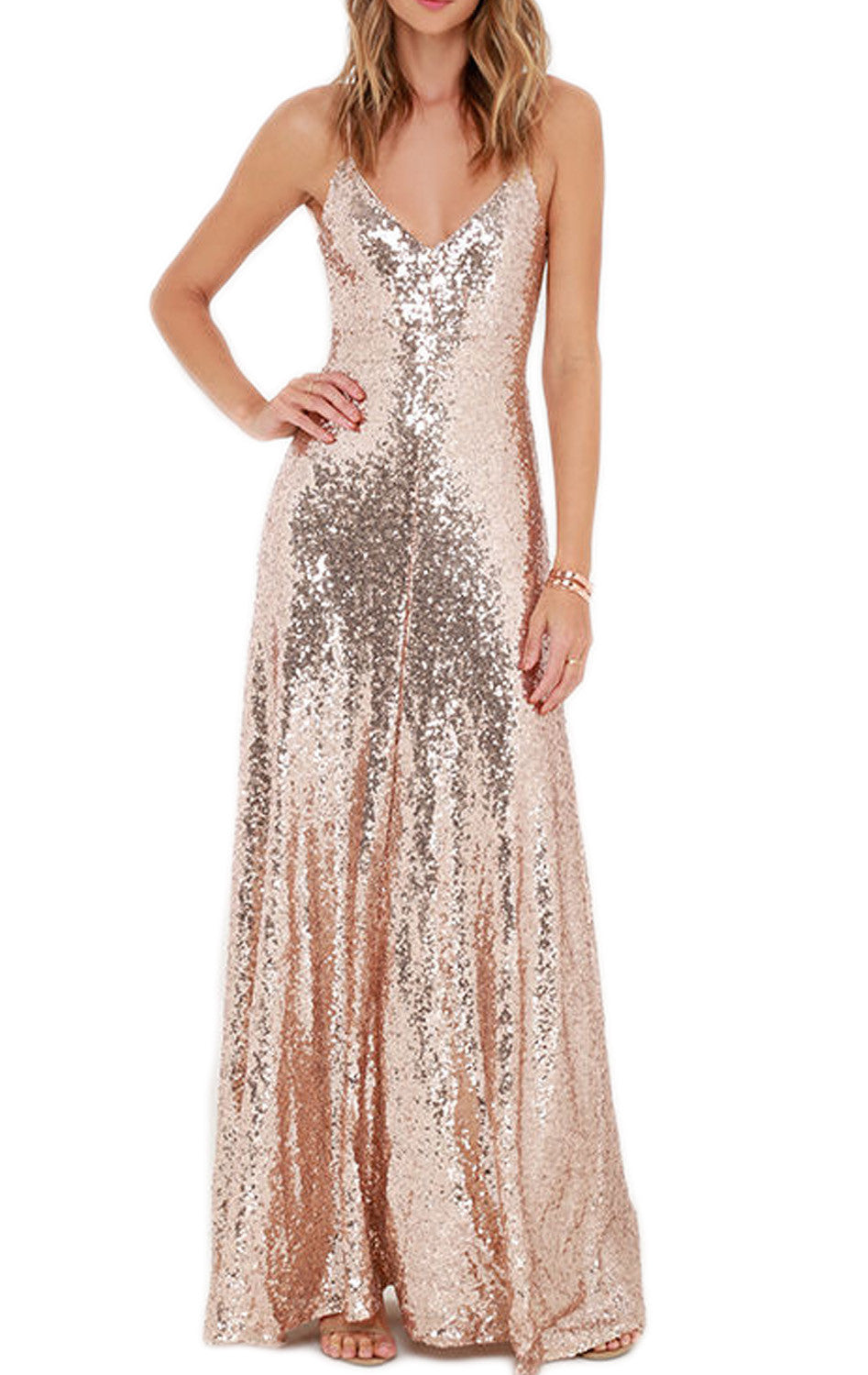 MACloth Spaghetti Straps V Neck Sequin Formal Dress Rose Gold Bridesmaid Dress Rose Gold / Above Knee / US12 MACloth Spaghetti Straps V Neck Sequin Formal Dress Rose Gold Bridesmaid Dress Rose Gold / Above Knee / US12