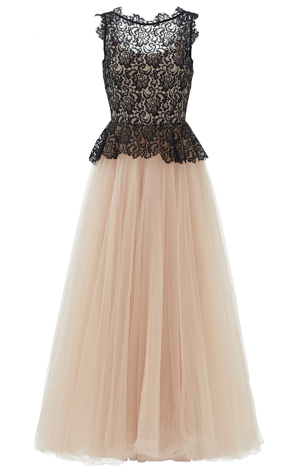 MACloth O Neck Lace Tulle Long Prom Dress Champagne Black Ball Gown