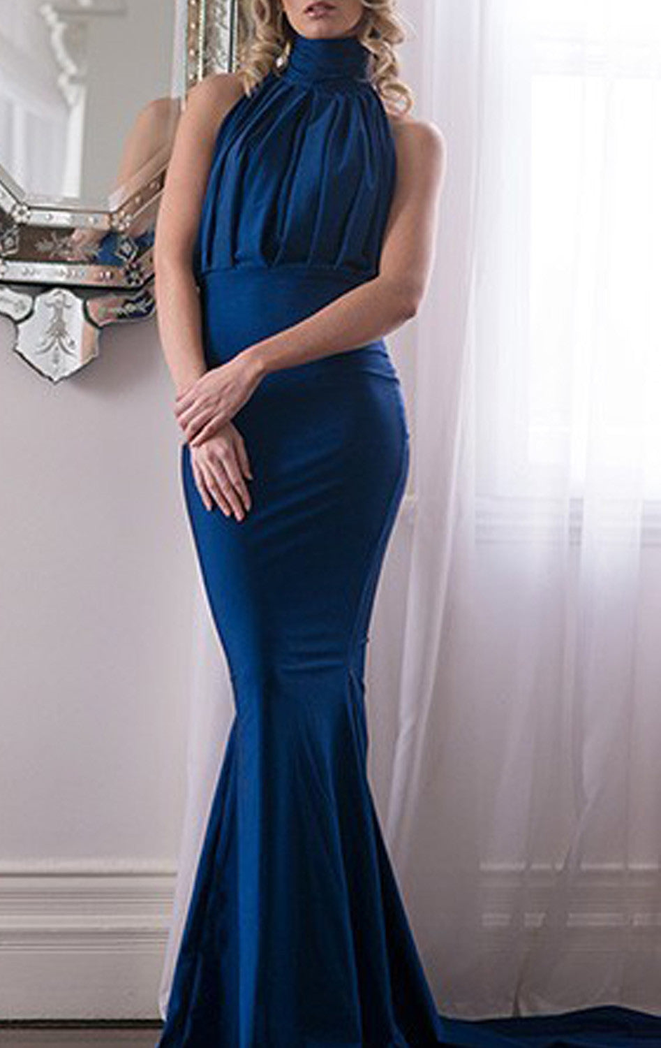 MACloth Mermaid High Neck Jersey Prom Dress with Open Back Sexy Formal