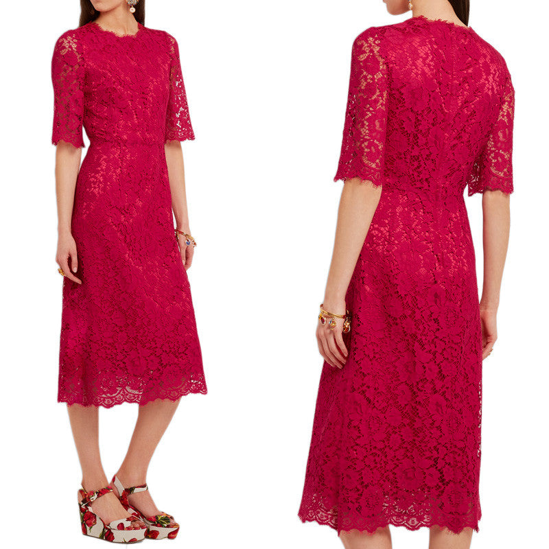 MACloth Half Sleeves Midi Cocktail Dress Luxury Lace Red Dress