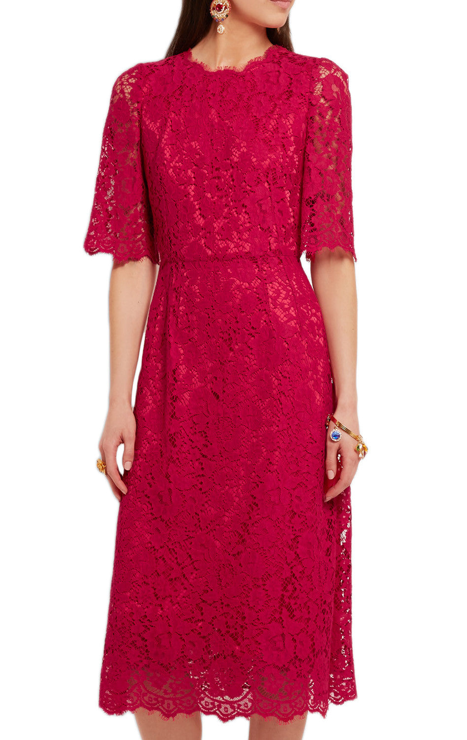MACloth Half Sleeves Midi Cocktail Dress Luxury Lace Red Dress MACloth Half Sleeves Midi Cocktail Dress Luxury Lace Red Dress