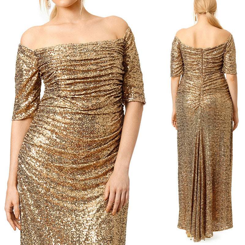 MACloth Off the Shoulder Sheath Sequin Gold Formal Gown Long Prom Dress
