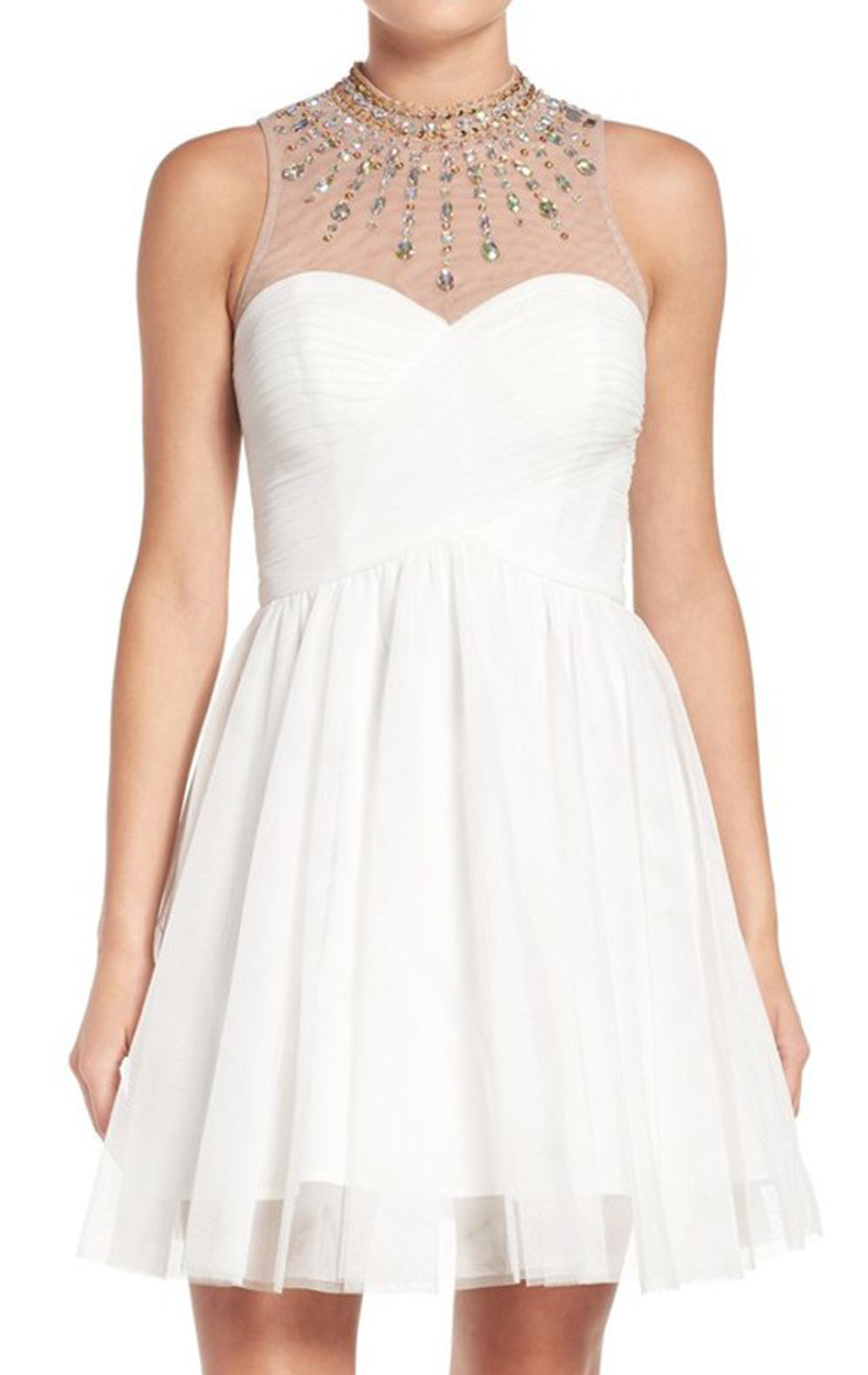 MACloth High Neck Crystal Tulle Short Prom Dress Ivory Cocktail Formal MACloth High Neck Crystal Tulle Short Prom Dress Ivory Cocktail Formal