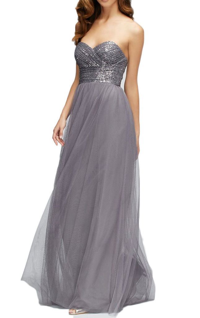 MACLoth Trägerloses Sweetheart Pailletten Tüll Langes Brautjungfernkleid Grau Abendkleid