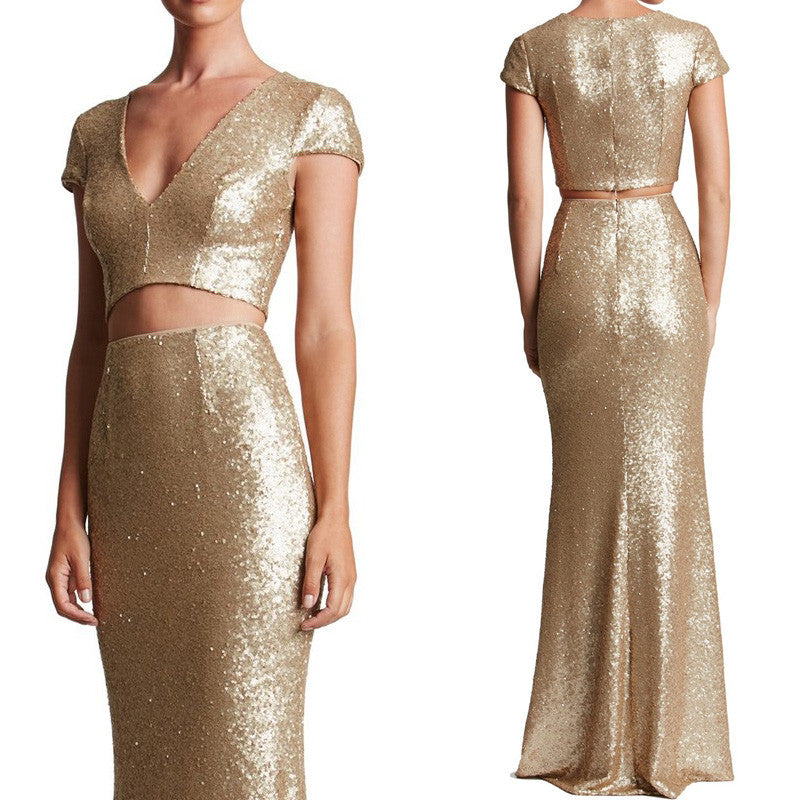 MACloth Cap Sleeve Two Piece Prom Dress long Sequin Formal Evening Gown
