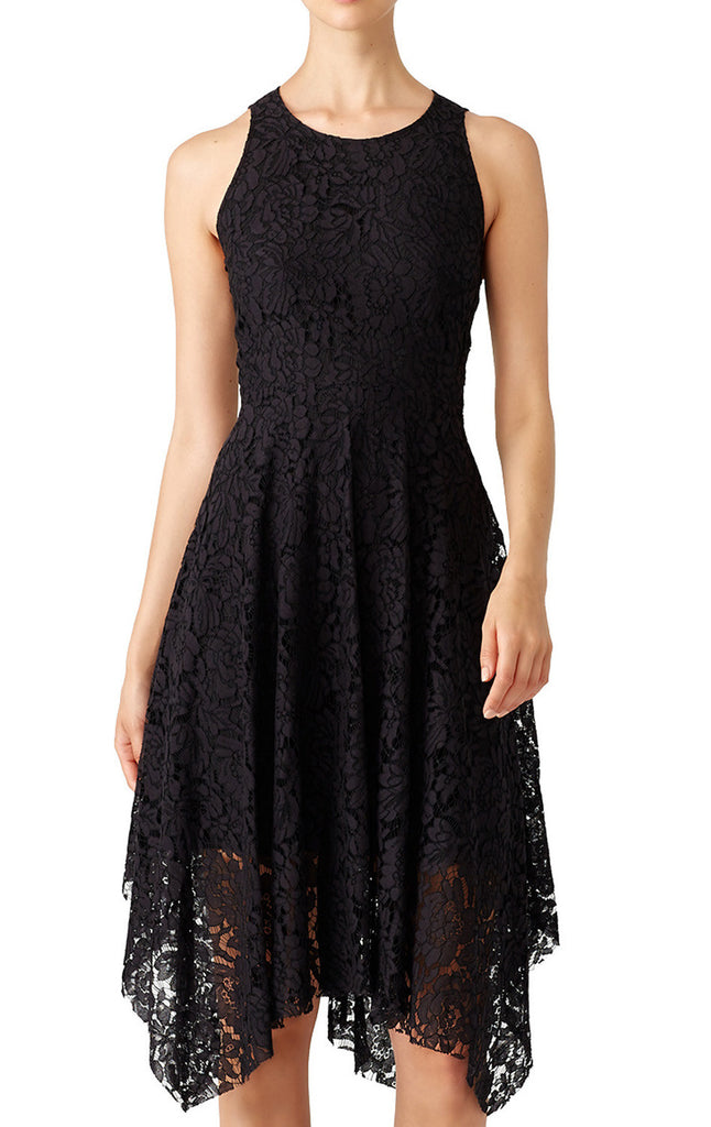 Vestido de cóctel formal de encaje alto-bajo con tirantes MACloth y escote redondo, vestido negro corto