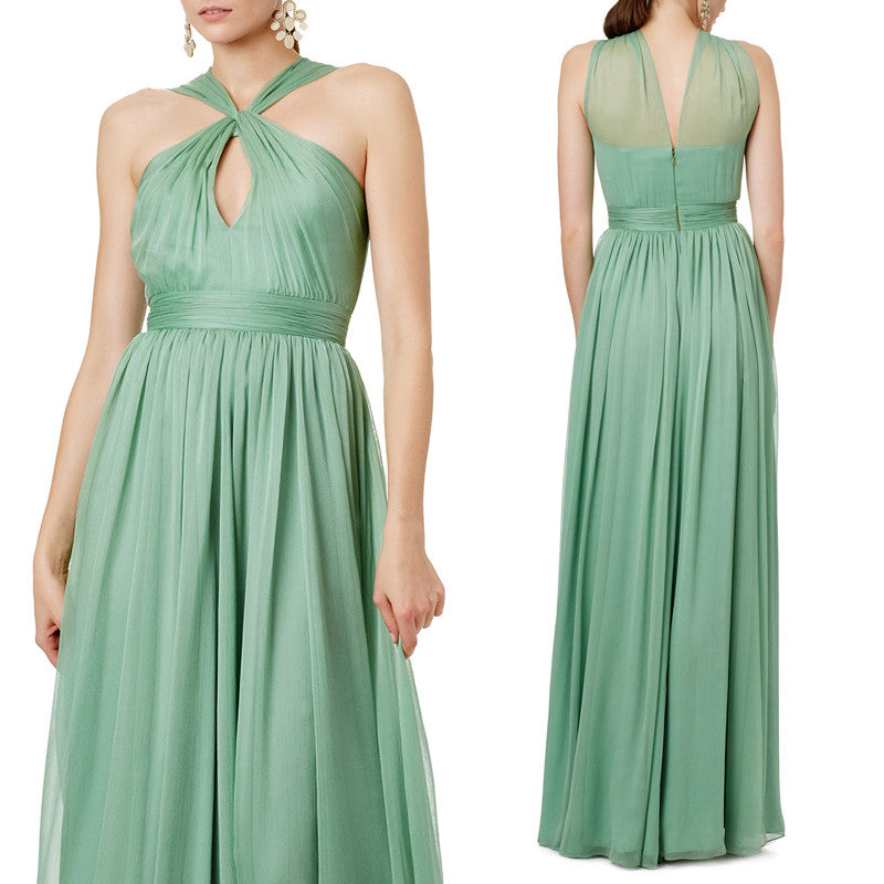 MACloth Halter Sexy Chiffon Long Prom Dress Sage Formal Party Dress
