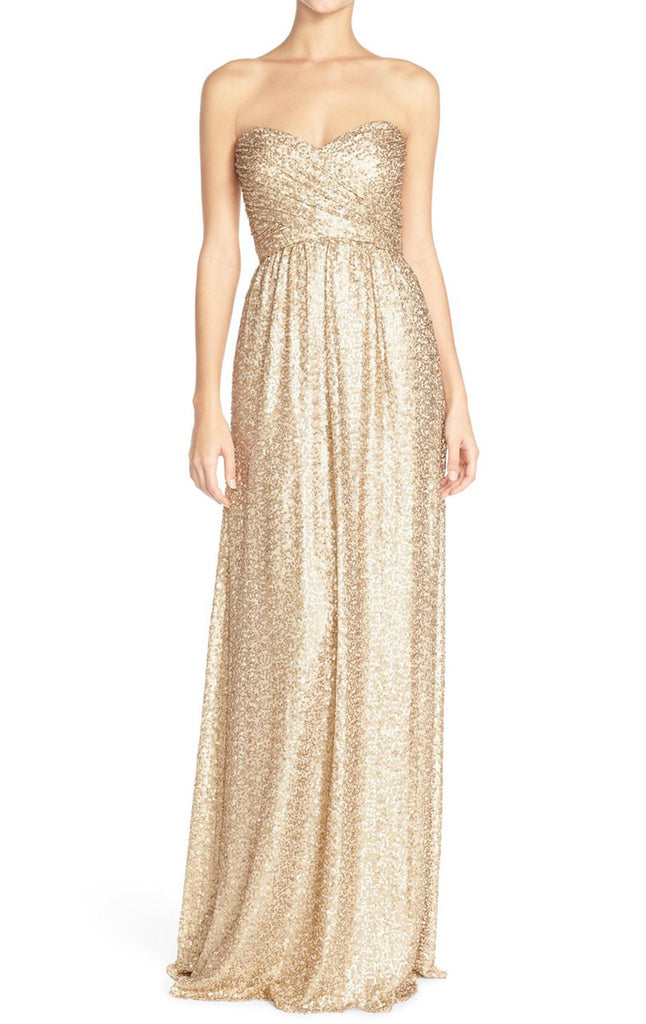 MACloth Trägerloses Sweetheart Pailletten Langes Brautjungfernkleid Gold Abendkleid