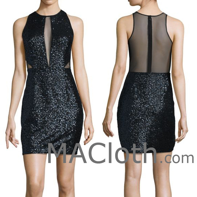 MACloth Women Straps Cut out Sequin Black Mini Cocktail Dress Formal Evening Gown