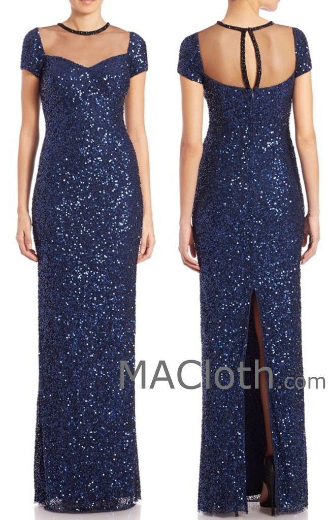 MACloth Women Cap Sleeves Sequin Dark Navy Long Bridesmaid Dress Evening Gown