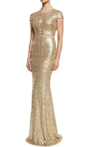 MACloth Cap Sleeves Sequin Gold Long Evening Gown Long Mother of the Brides Dress