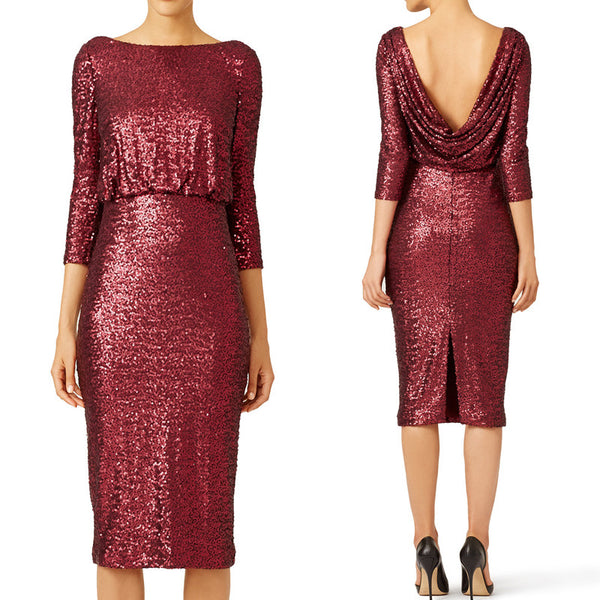 MACloth Half Sleeves Sequin Short Cocktail Dress Burgundy Mother of the Brides Dress