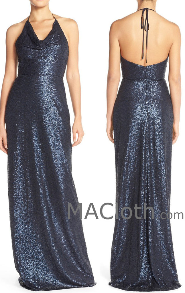 MACloth Women Halter Sequin Long Bridesmaid Dress Wedding Party Evening Gown