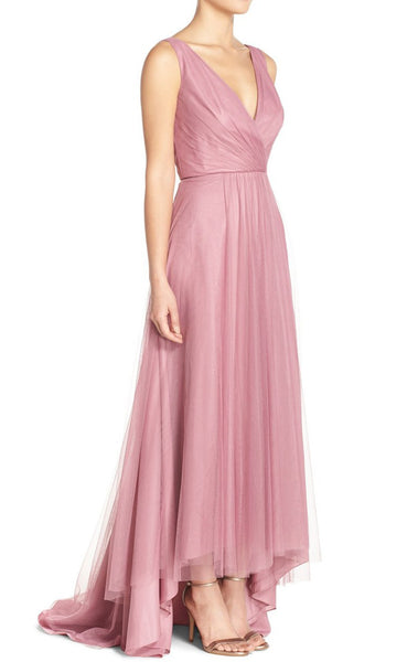 MACloth Straps V Neck Tulle Hi-Lo Bridesmaid Dress Blush Pink Mother of the Brides Dress