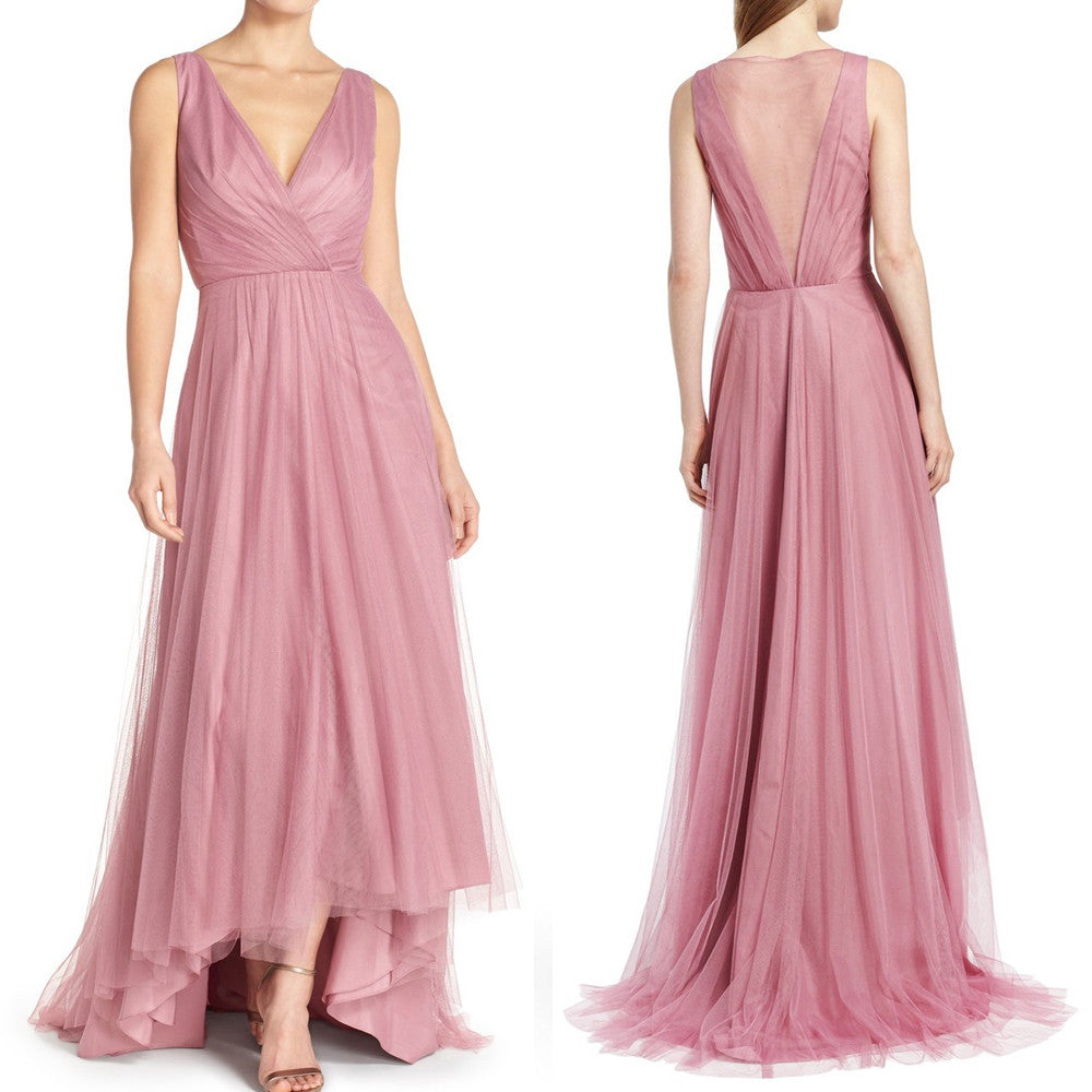 MACloth Träger V-Ausschnitt Tüll Hi-Lo Brautjungfernkleid Blush Pink Kleid für die Mutter der Braut