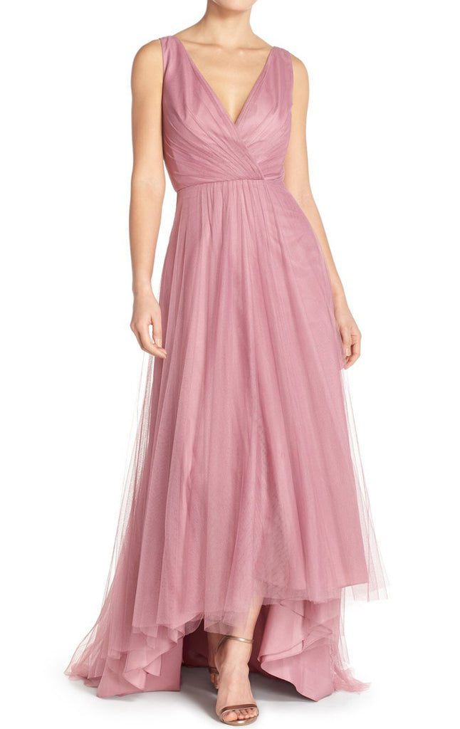 MACloth Straps V Neck Tulle Hi-Lo Bridesmaid Dress Blush Pink Mother of the Brides Dress