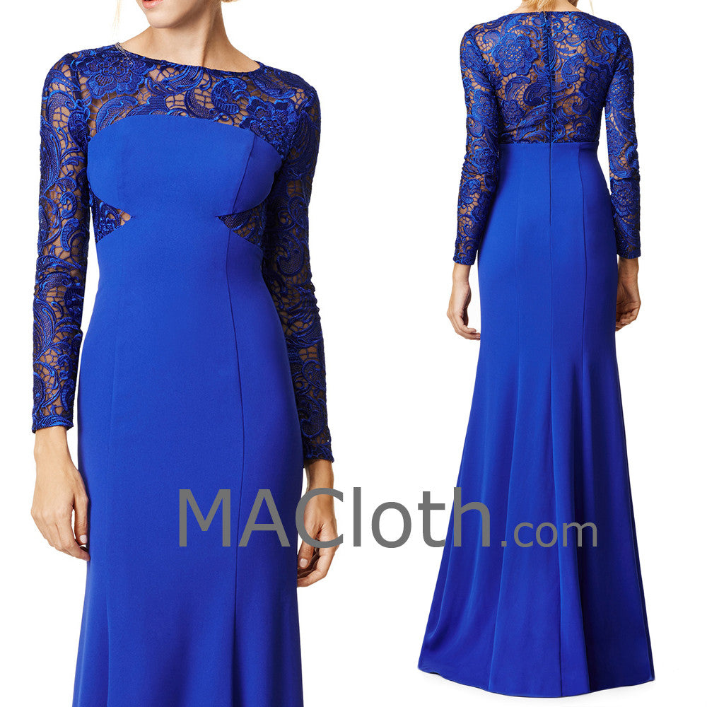 MACloth Women Mermaid Long Sleeves Lace Jersey Royal Blue Evening Gown Formal Dress