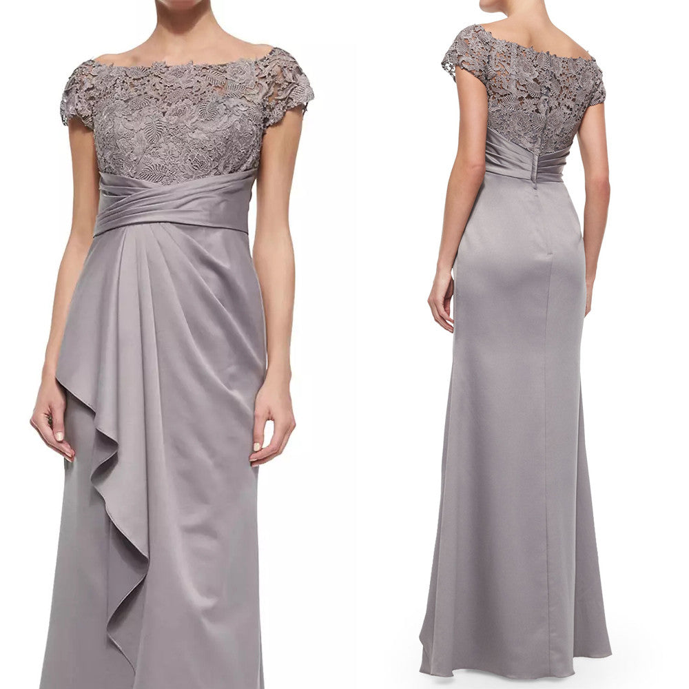 MACloth Damen Abendkleid mit Flügelärmeln, Spitze, Chiffon, lang, silberfarben, Kleid für die Brautmutter