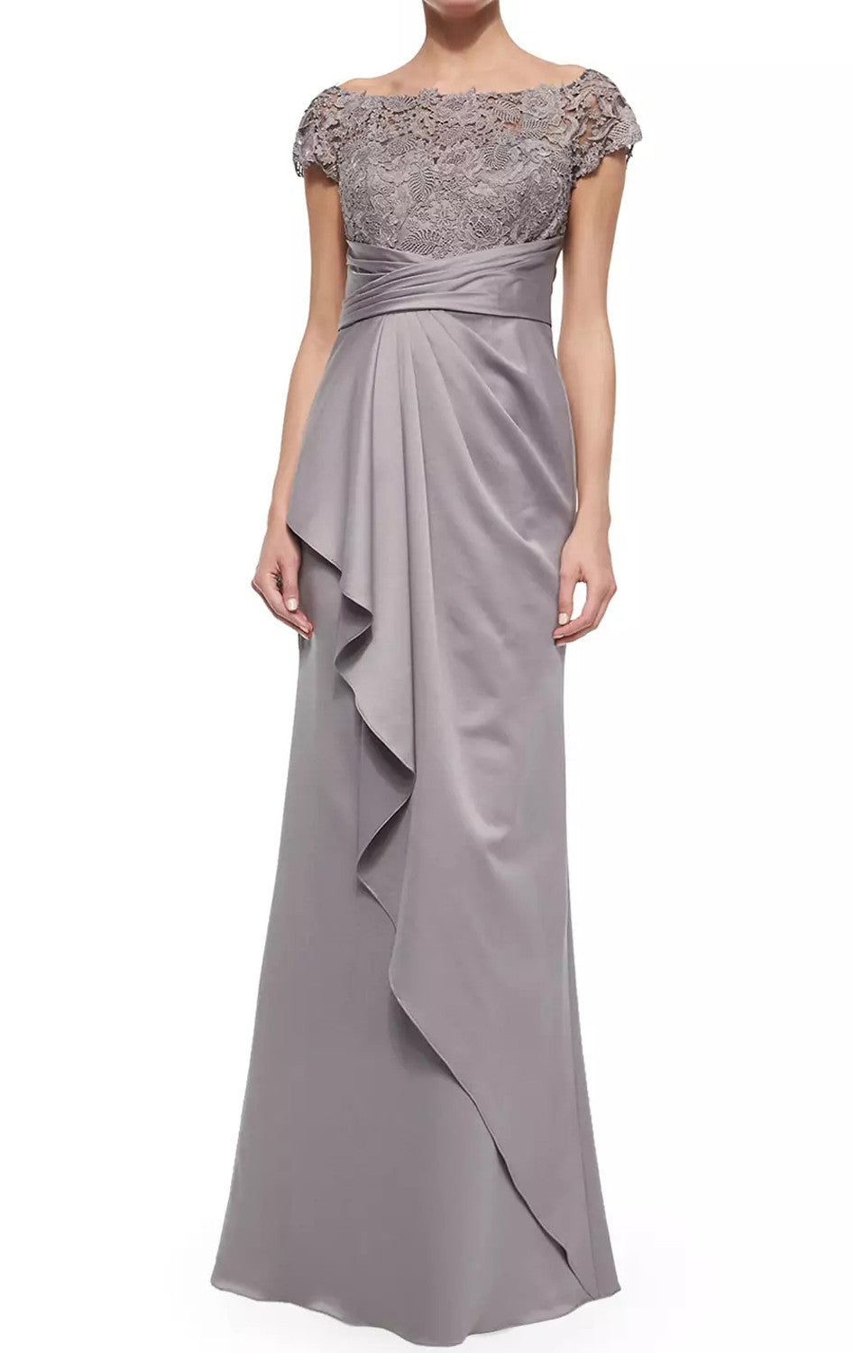 MACloth Women Cap Sleeves Lace Chiffon Long Evening Gown Silver Mother of the Brides Dress Silver / Above Knee / Custom Size MACloth Women Cap Sleeves Lace Chiffon Long Evening Gown Silver Mother of the Brides Dress Silver / Above Knee / Custom Size